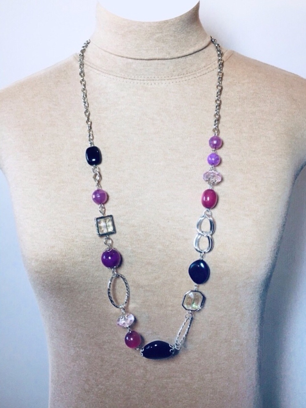 Vintage Pink And Purple Bead Silver Tone Chain Necklace 36.5 Inches